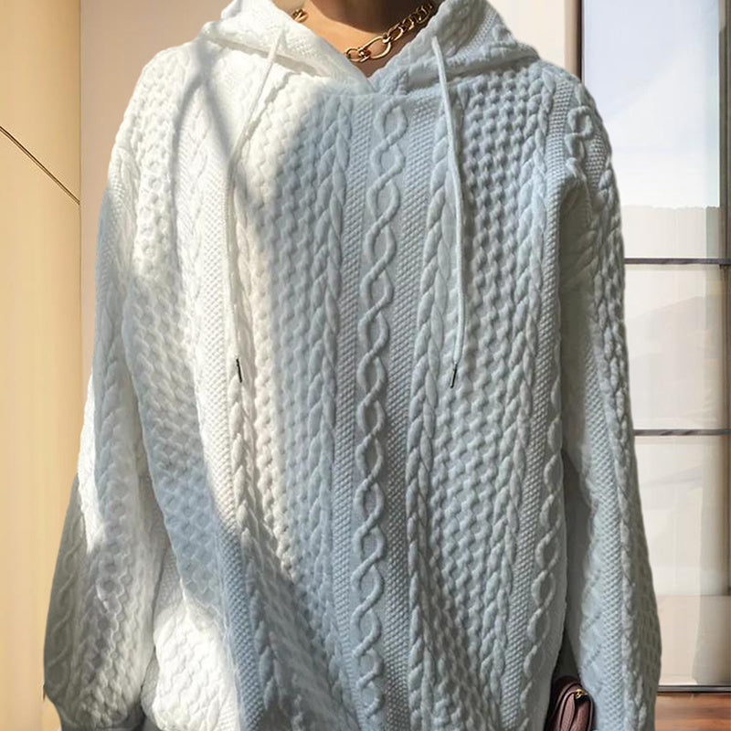 Women's Solid Color Ribbed Design Long Sleeve Hoodie - Loose Fit Drawstring Pullover For Fall & Winter Casual Wear