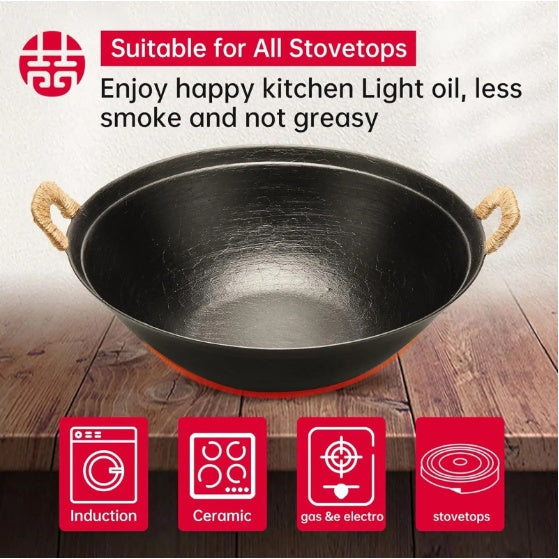 WANGYUANJI 14.2 Handmade Wok, Cast Iron Wok Pan, Large Flat Bottom Wok Stir With Dual Handle And Wooden Lid, Suitable For All Cooktops, Uncoated Chinese Traditional Wok, Ban Sale On Amazon