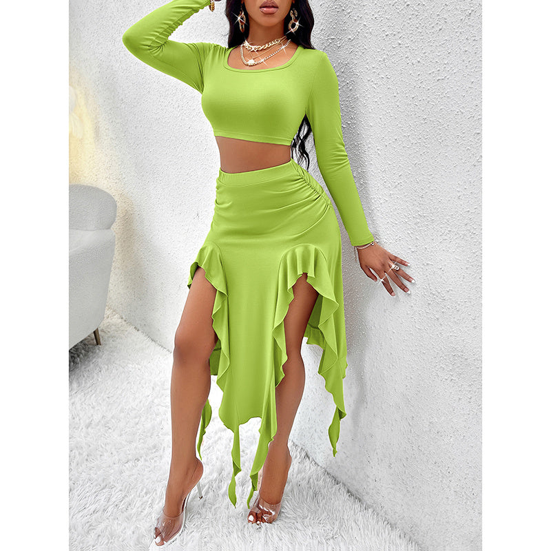 Women Summer 2 Piece Skirt Sets Long Sleeve Square Neck Crop Top Ruffle Trim Irregular Split Sexy Club Party Skirt Outfits