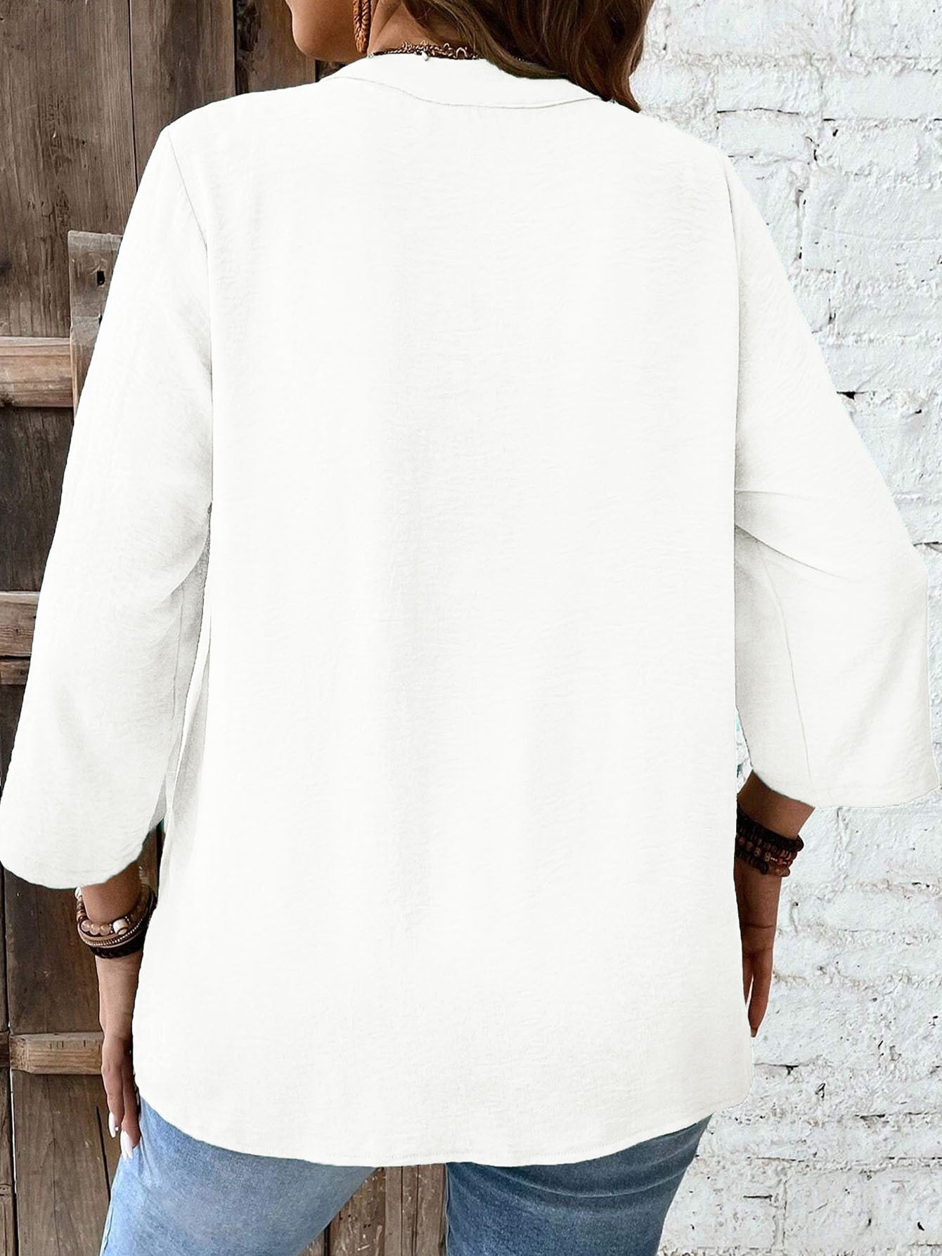 Women's Plus Size Lace Applique Vacation Shirt - Summer Casual Daily Outerwear With Roll-Up Sleeves And Button Closure