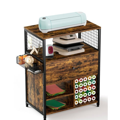 Craft Organization And Storage Cabinet Compatible With Cricut Machines, Crafting Cabinet With Drawer & 25 Vinyl Roll Holder, Craft Table Desk Workstation For Craft Room Home.Rustic Brown.