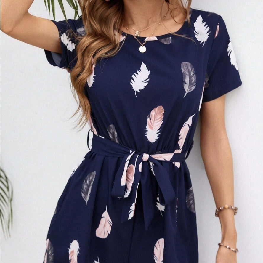 Ladies' Round Neck Feather Print Collar Strap Fashionable Casual Jumpsuit