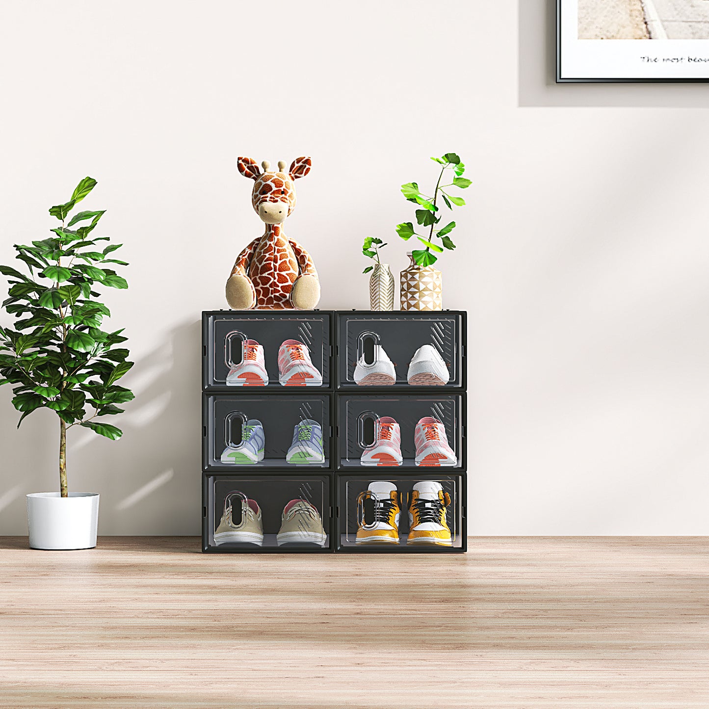 Black Small 6PCS 33x23x14cm Shoebox, Plastic, Grid, Free Combination