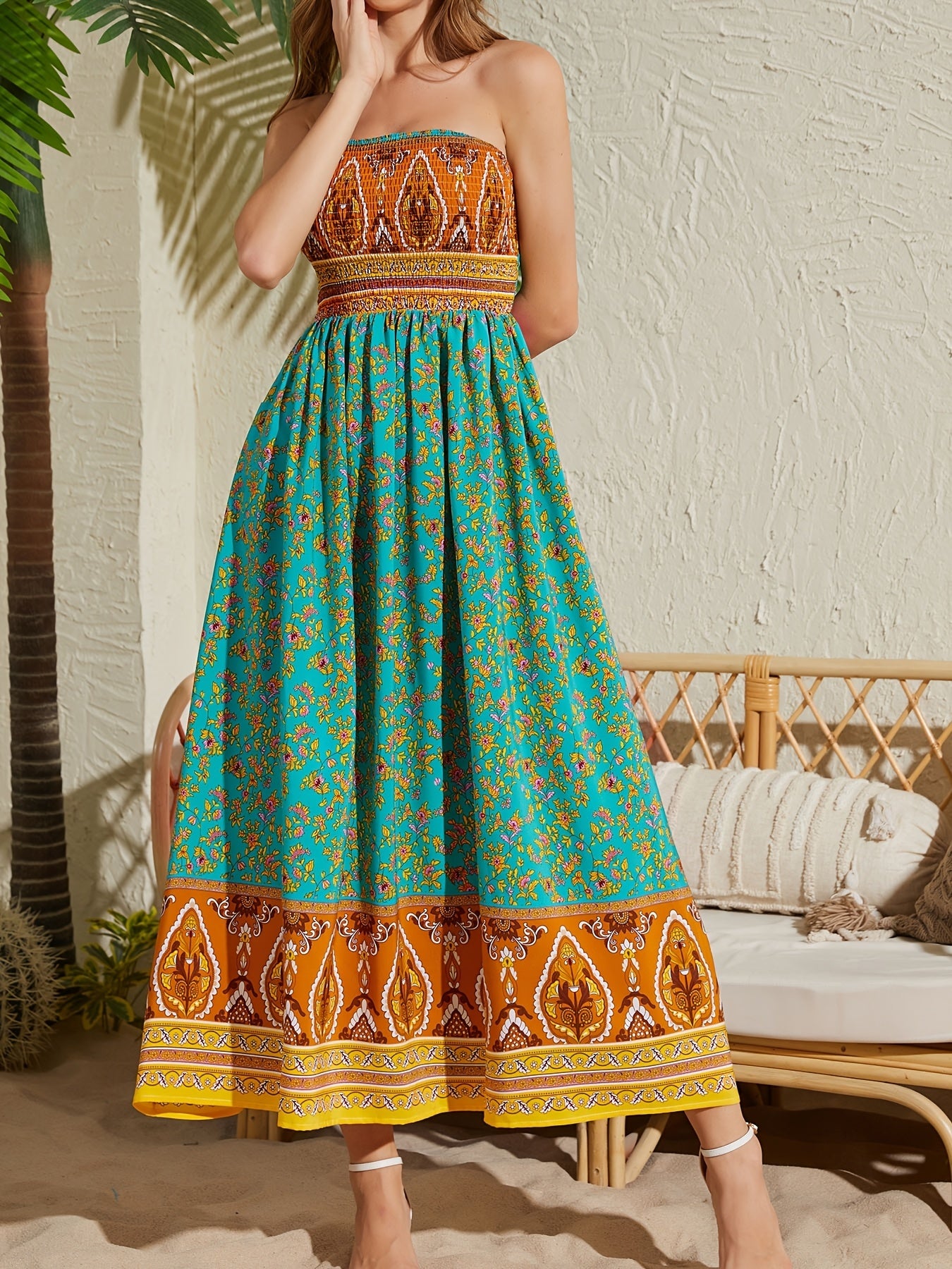 Women's Sexy Strapless Printed Dress - Elegant Off-Shoulder Maxi Vacation Dress