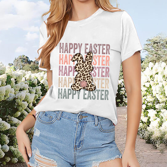 Women's Round Neck Short Sleeve T-Shirt With Rabbit & 'HAPPY EASTER' Print, Summer Casual Tee