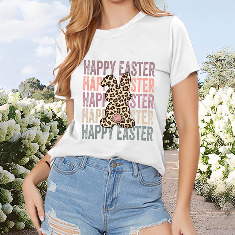 Women's Round Neck Short Sleeve T-Shirt With Rabbit & 'HAPPY EASTER' Print, Summer Casual Tee