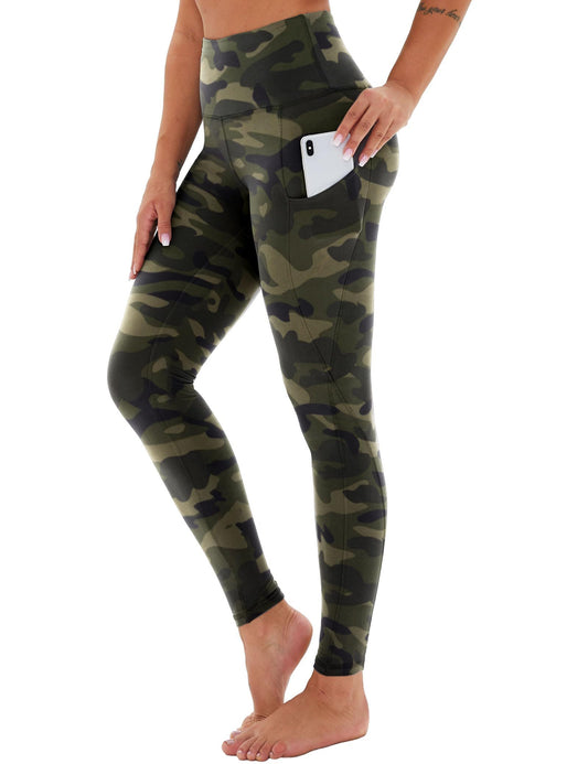 Yoga Pants - Cropped High-waisted Slanted Pockets Polyester Double Grinding Army Green Camouflage