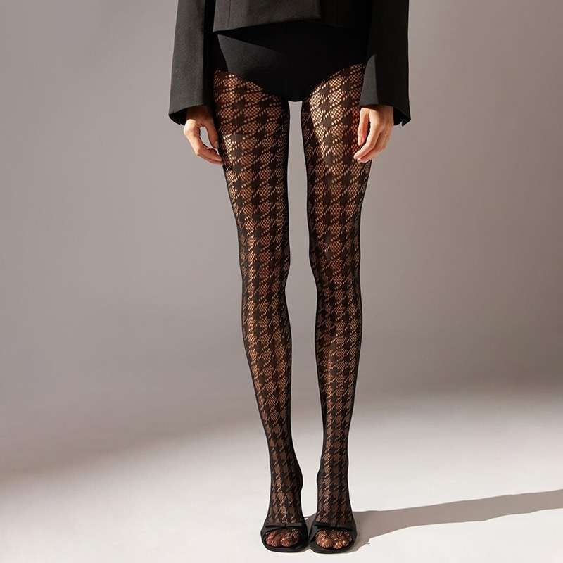 Striped Pantyhose Jacquard Mesh Stockings Women's Black Stockings
