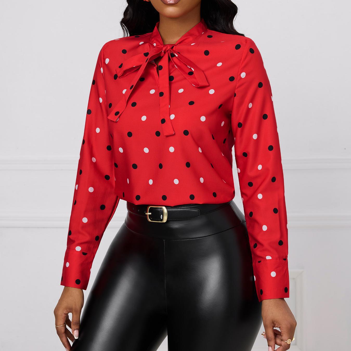 Ladies' Fashionable And Elegant Printed Polka Dot Solid Color Long Sleeved Shirt Top With Elegant Orientation