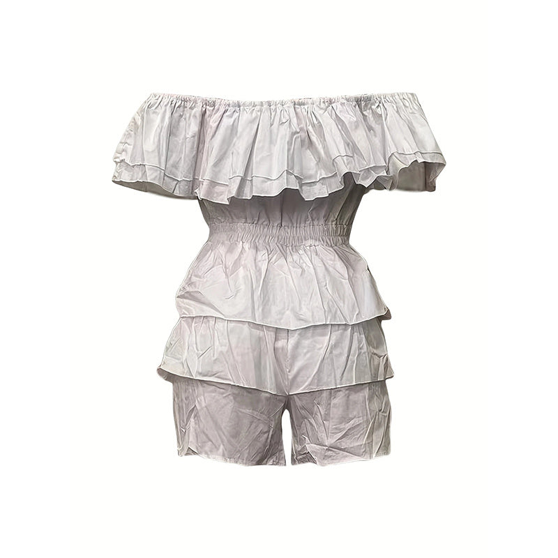 Womens Sexy Off Shoulder Rompers Summer Ruffle Short Sleeve Tiered Short Jumpsuits