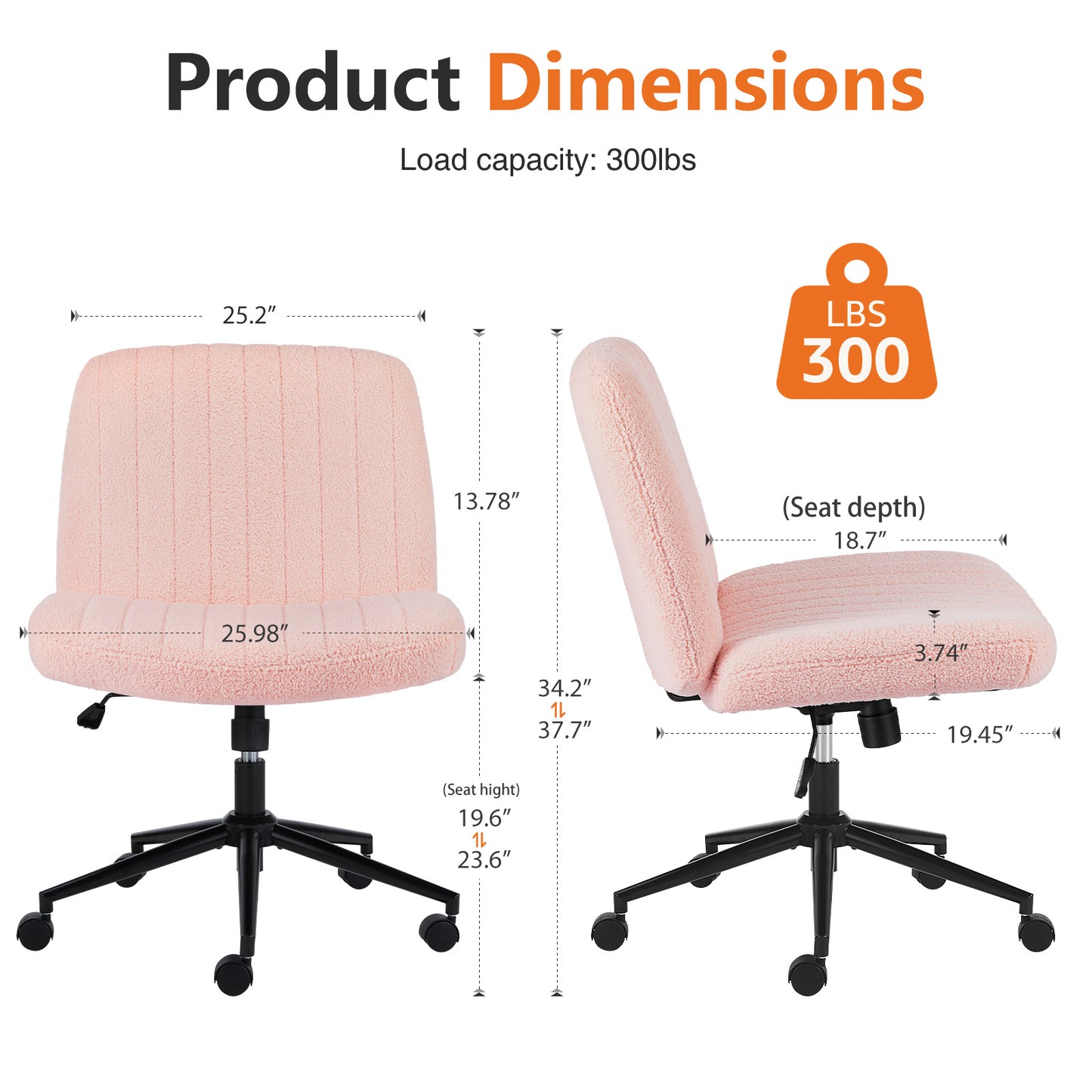 Office Desk Vanity Chair Cross Legged Armless Swivel Fabric Height Adjustable Wide Seat With Replaceable Wheels-Fixed Base, Comfy Task Chair Padded