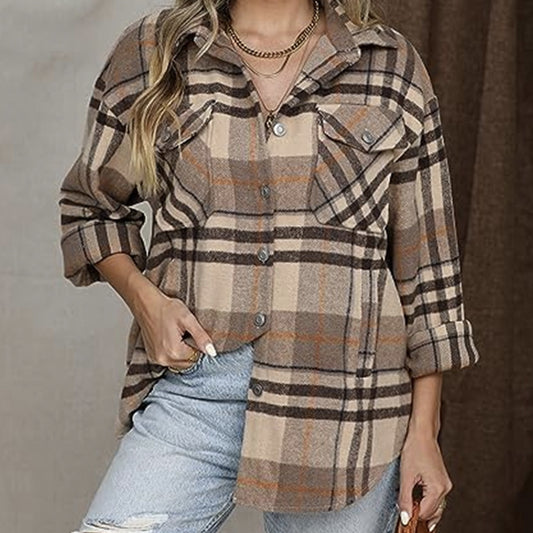 Ladies' Casual Plaid Lapel Button Long Sleeved Jacket, Winter Loose Shirt