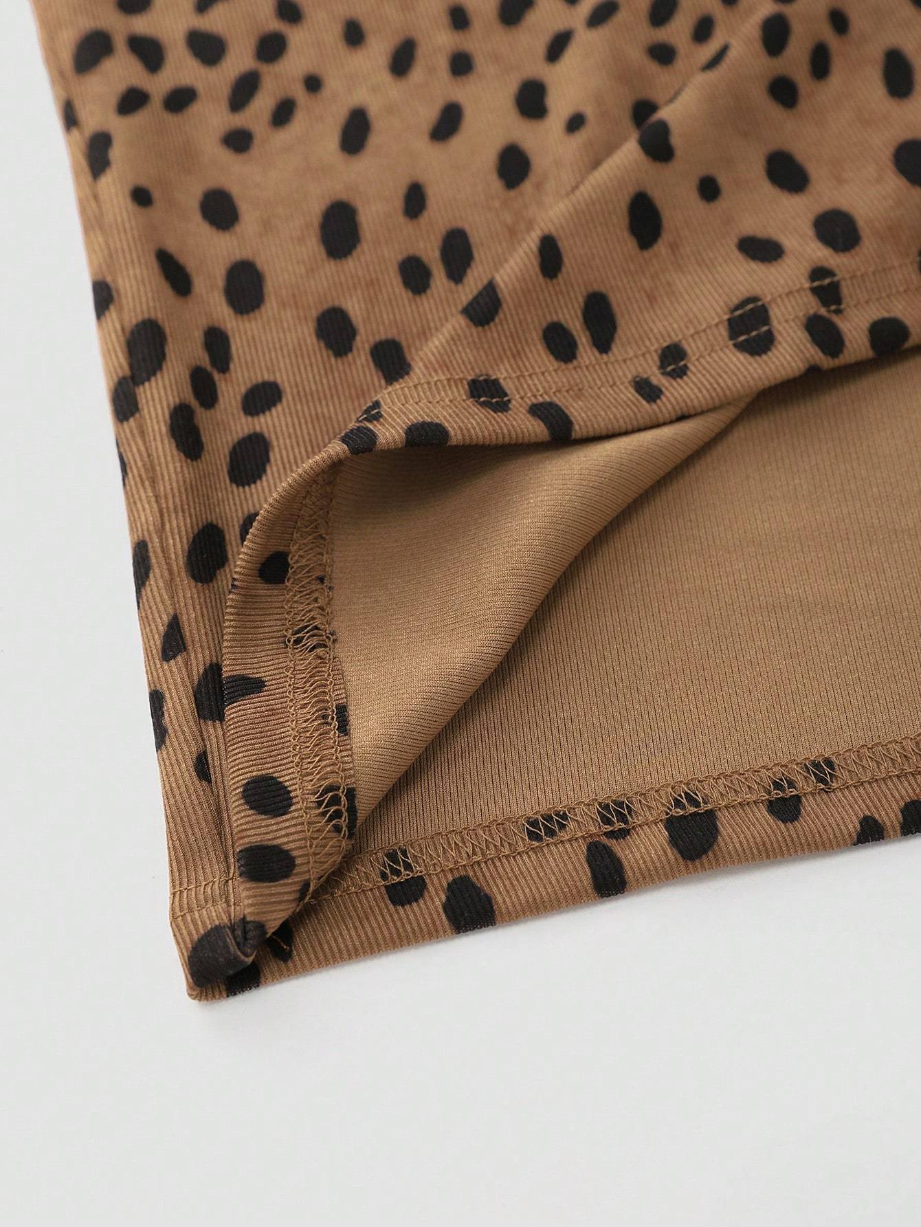 Women's Round Neck Sleeveless Shirred Slit Ribbed Leopard Print Fashion Dress