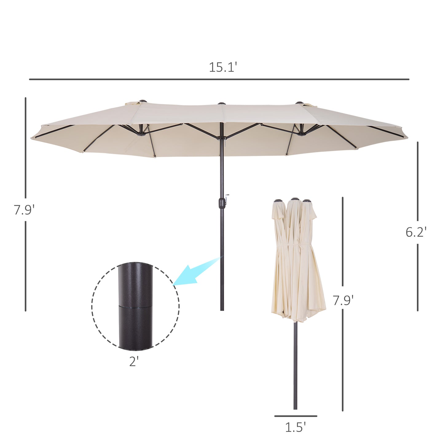 15ft Double Sided Patio Umbrella Outdoor Market Extra Large Cream White With Crank For Deck Lawn  Pool