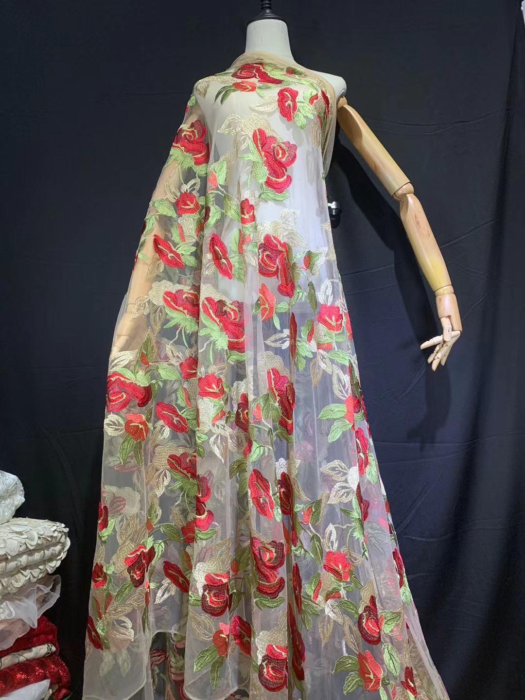 Multicolor Gold Thread Flower Mesh Embroidered Lace Fabric