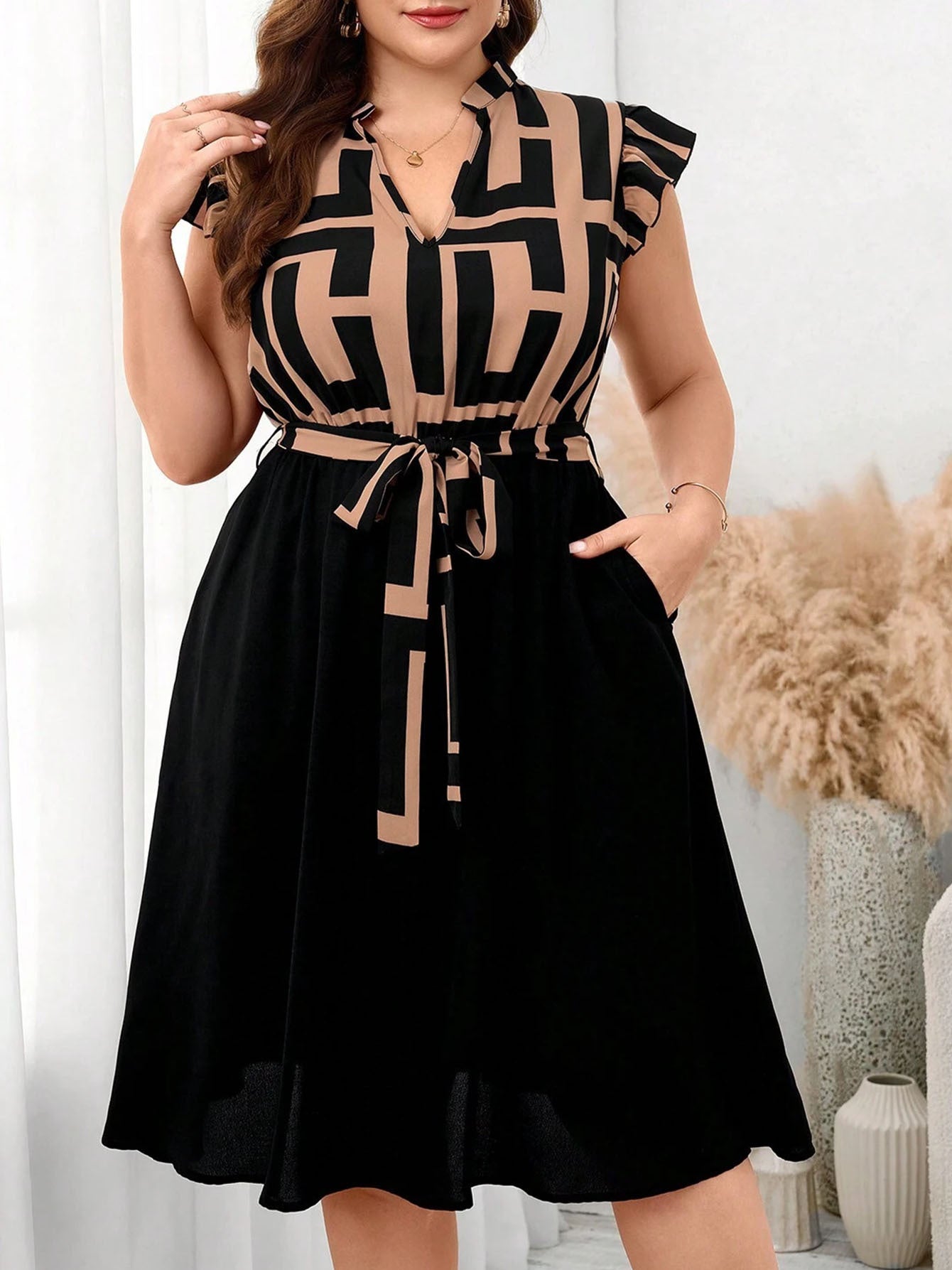 Women's Plus Size Printed Midi Dress - Summer Casual V-Neck Ruffled Sleeve Paneled Dress With Belt