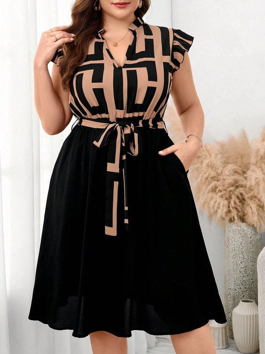 Women's Plus Size Printed Midi Dress - Summer Casual V-Neck Ruffled Sleeve Paneled Dress With Belt