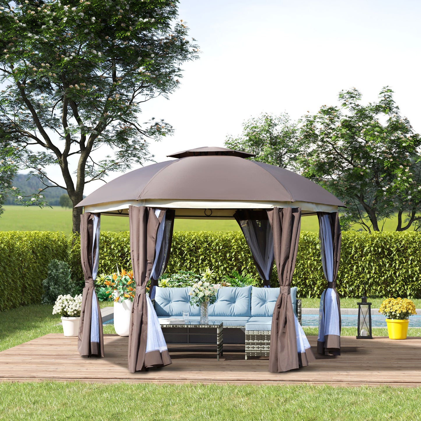 Brown Steel Gazebo Paradise  12x12 Party Tent With Double Roof, Curtains & Netting