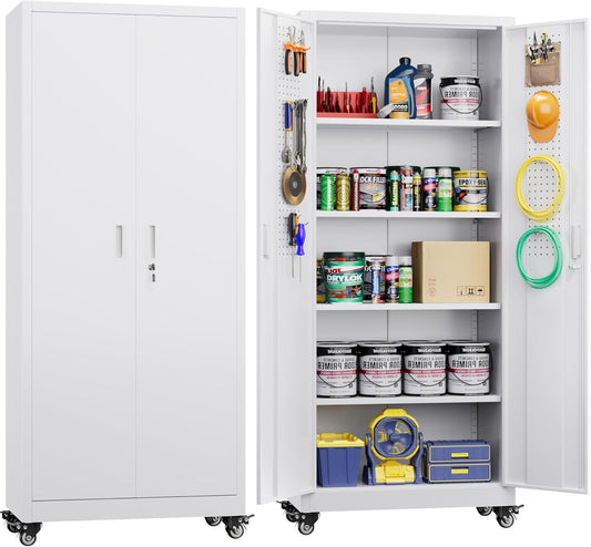 Garage Storage Cabinet With Wheels, H Rolling Metal Cabinets With Locking Doors Adjustable Shelves Pegboards For Home Office, Basement, Pantry, Workshop