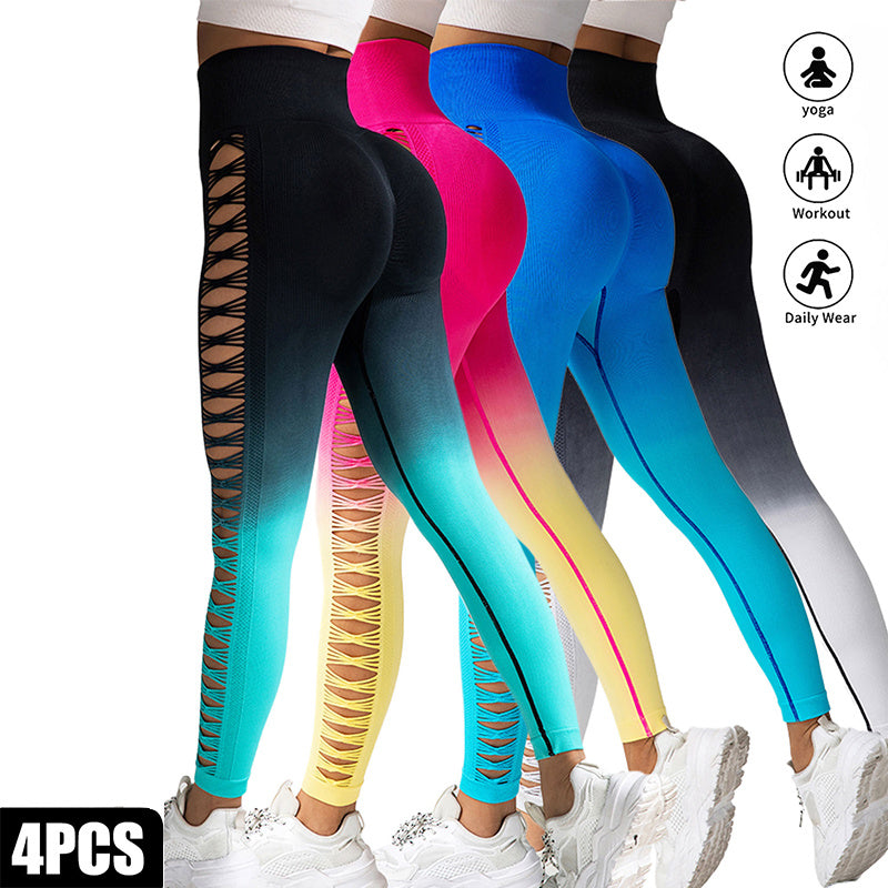 4 Pack Cut Out Ombre Gradient Color Hollow High-waist Butt-lifting Fitness Women's Yoga Pants, Women's High Waist Yoga Pants Cutout Ripped Super Soft And Comfortable Skinny Leggings