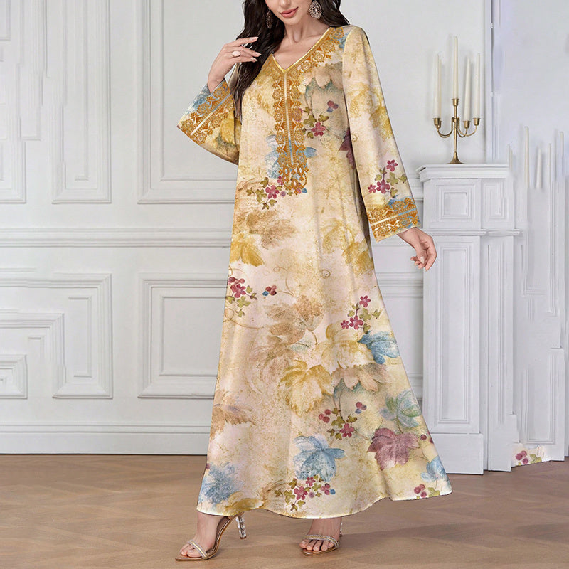 Women's Chic Bohemian Floral V-Neck Maxi Dress, Elegant Golden Long Sleeve Loose Fit Casual Dress