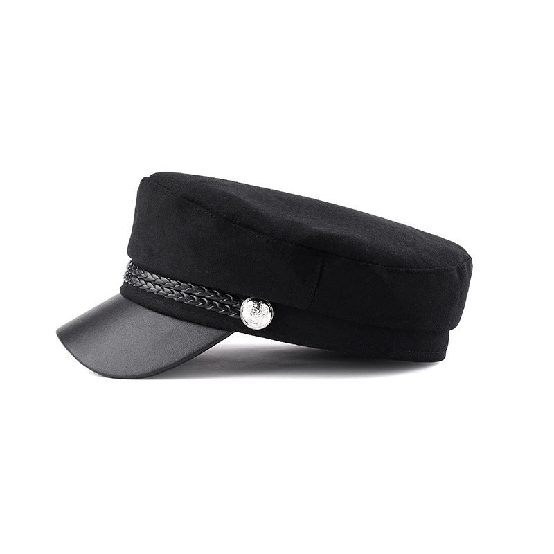 Black Beret British Retro Woolen Navy Flat-top Cap