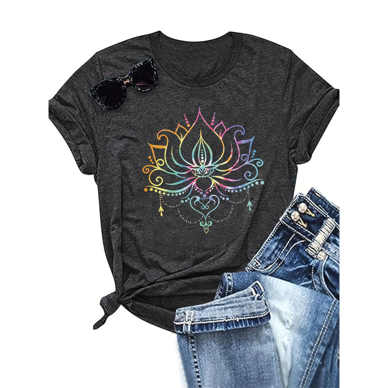 Women's Round Neck Short Sleeve T-Shirt With Colorful Lotus Print, Casual Summer Top