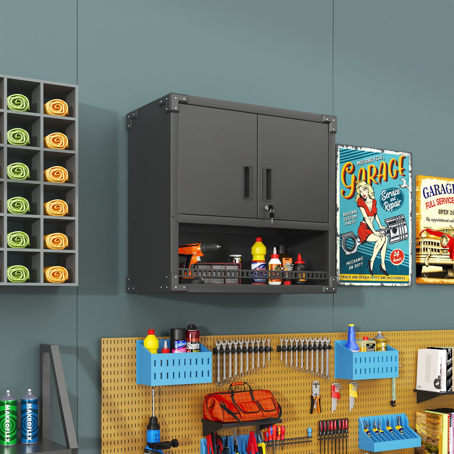 Metal Wall-Mounted Tool Storage Cabinet With Locking Door And 1 Shelf 1 Opened Drawer For Garage Warehouse,Office,Assembly Required